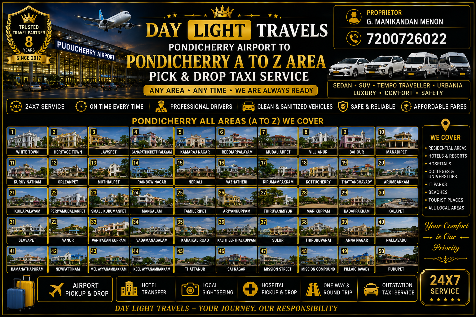 Pondicherry Airport to All Pondicherry Areas Pickup Drop Taxi Service