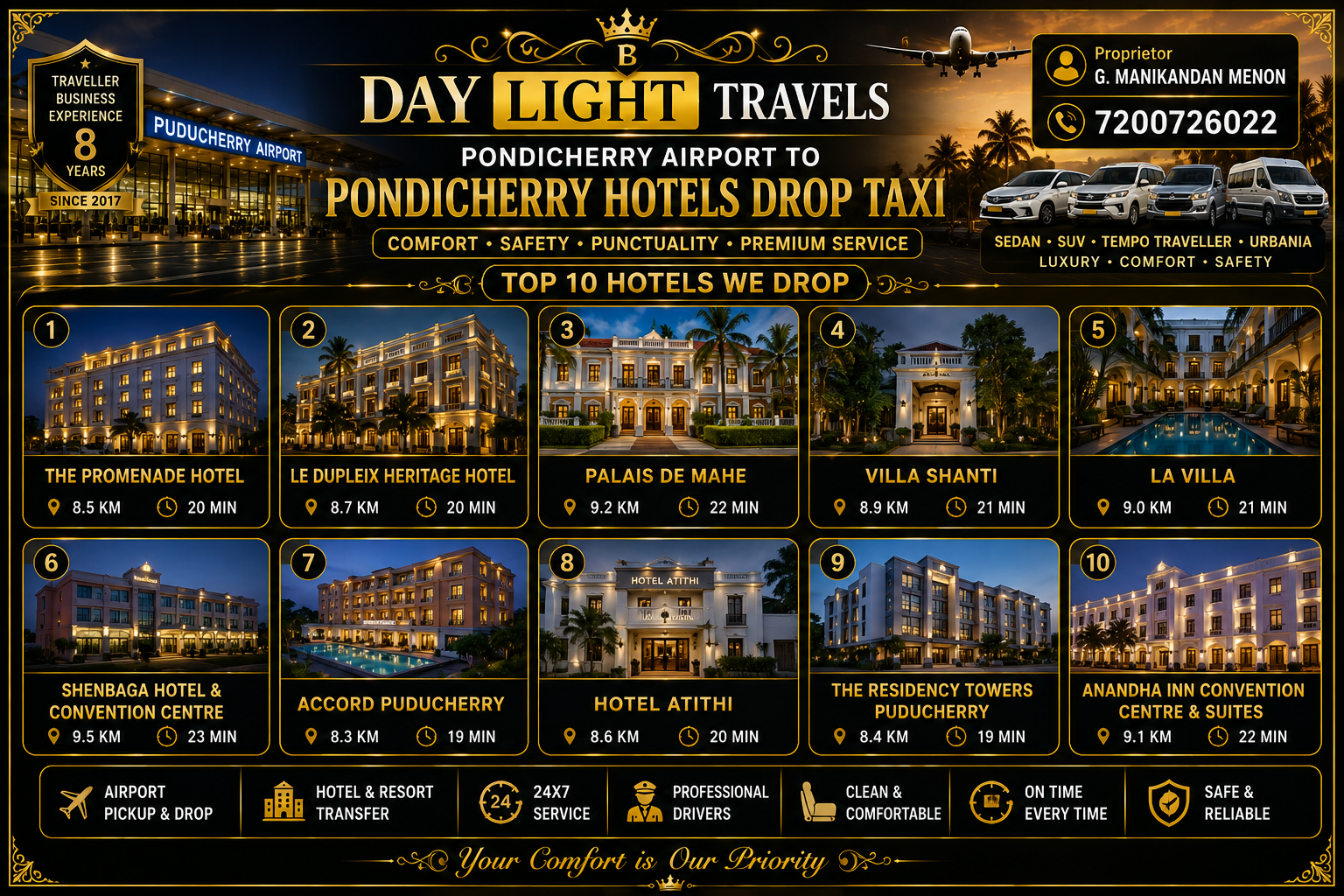 Pondicherry Airport to Hotels Resorts Residence Pickup Drop Taxi