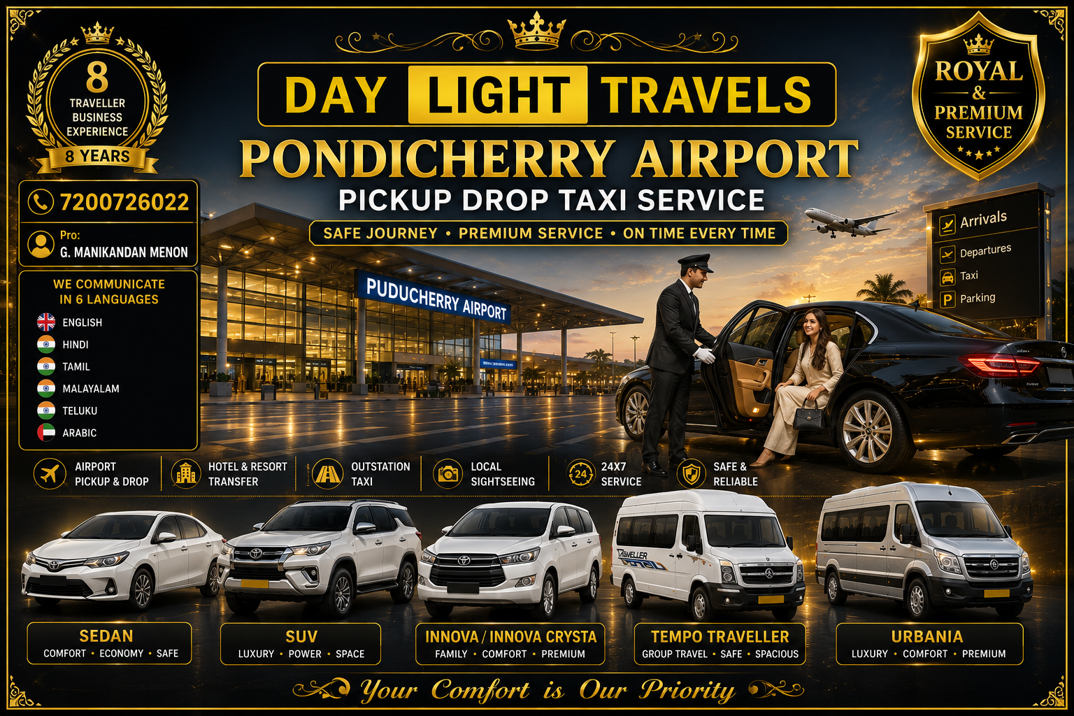 Pondicherry Airport to Hotels Resorts Residence Pickup Drop Taxi