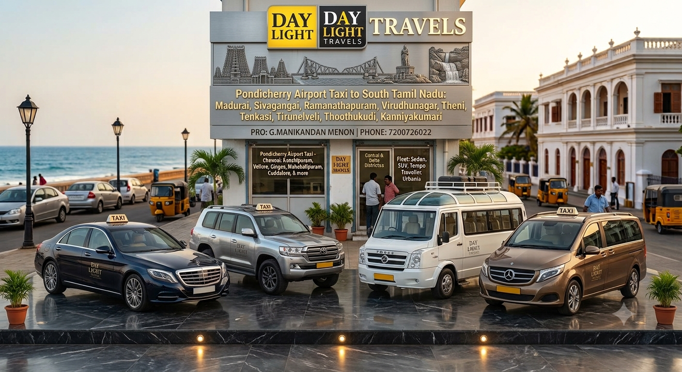 Pondicherry Airport to Madurai Rameswaram Kanyakumari Courtallam Taxi Service