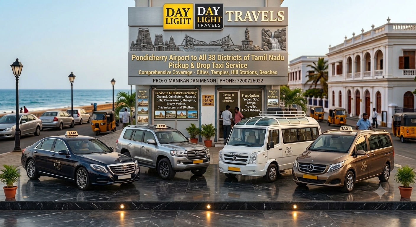 Pondicherry Airport to All 38 Districts of Tamil Nadu Pickup Drop Taxi Service