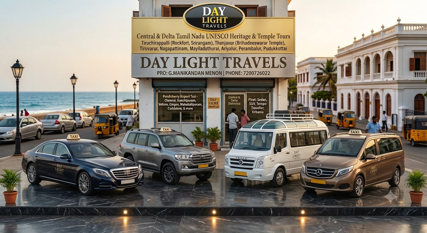 Pondicherry Airport to Thanjavur Trichy Kumbakonam Velankanni Taxi Service