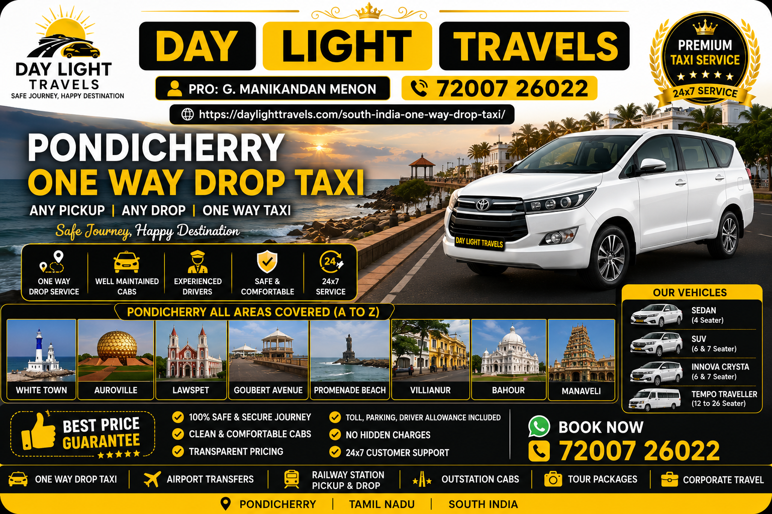 Pondicherry One Way Drop Taxi