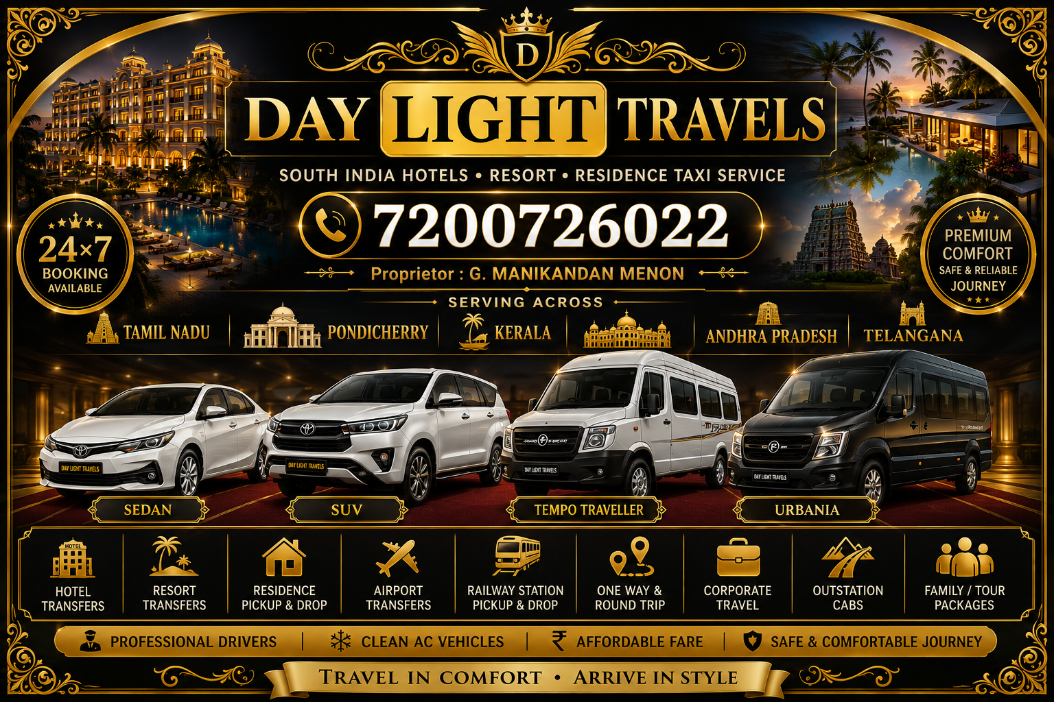 Tamil Nadu Pondicherry Kerala Karnataka Andhra Pradesh Telangana Hotels Resort Residence Taxi Service