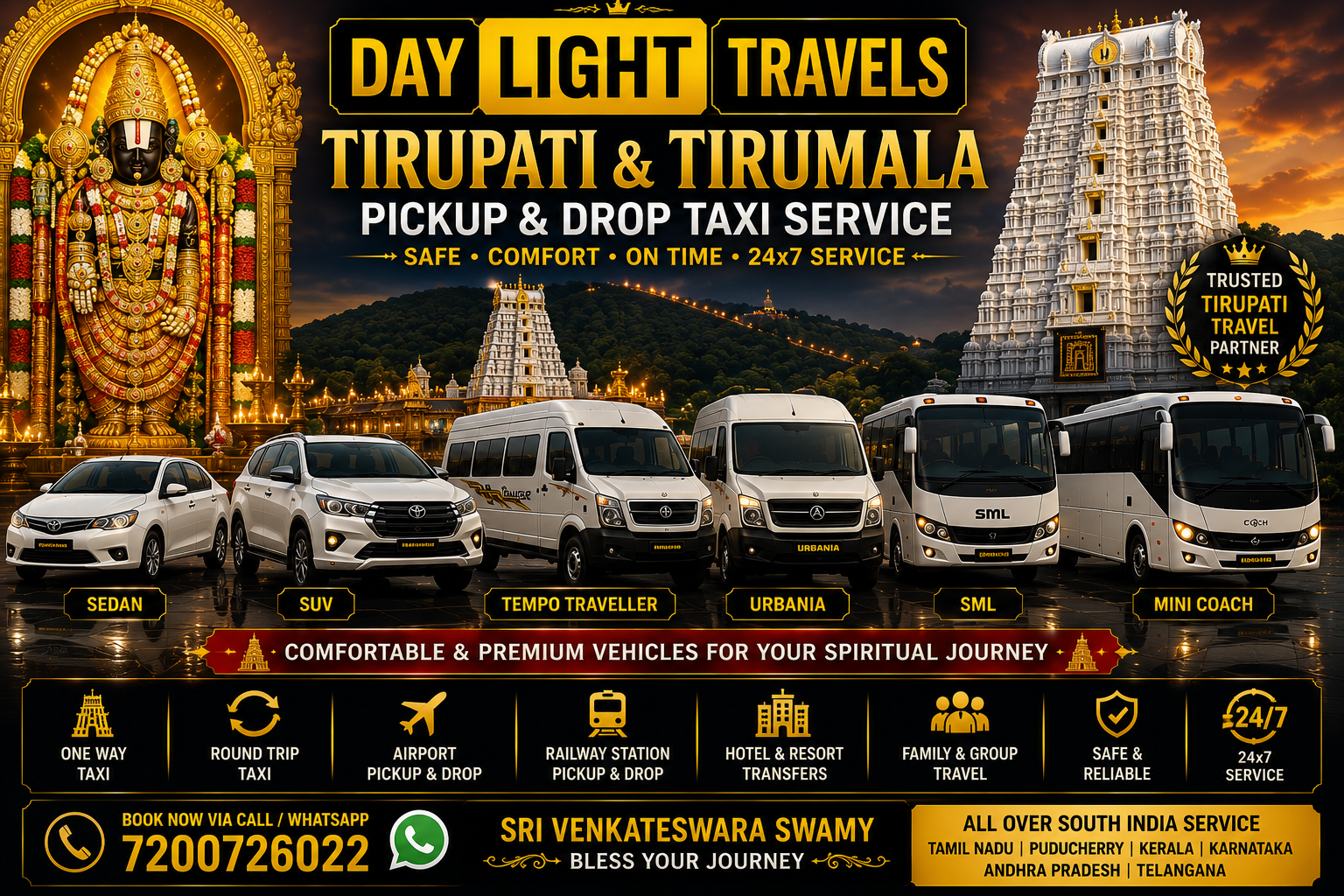 Tirupati Tirumala Taxi Vehicles Sedan SUV Tempo Traveller Urbania
